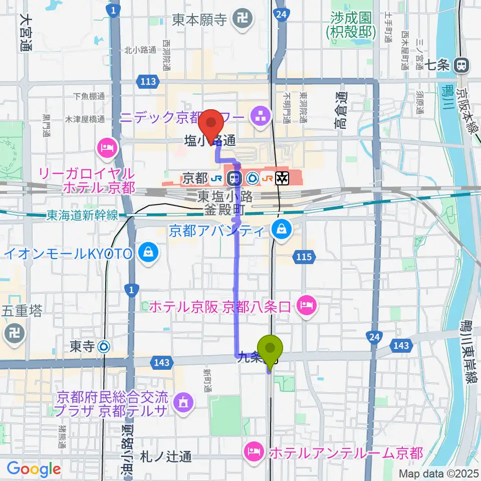 九条駅からJEUGIAハーモニーステーション京都駅前へのルートマップ地図