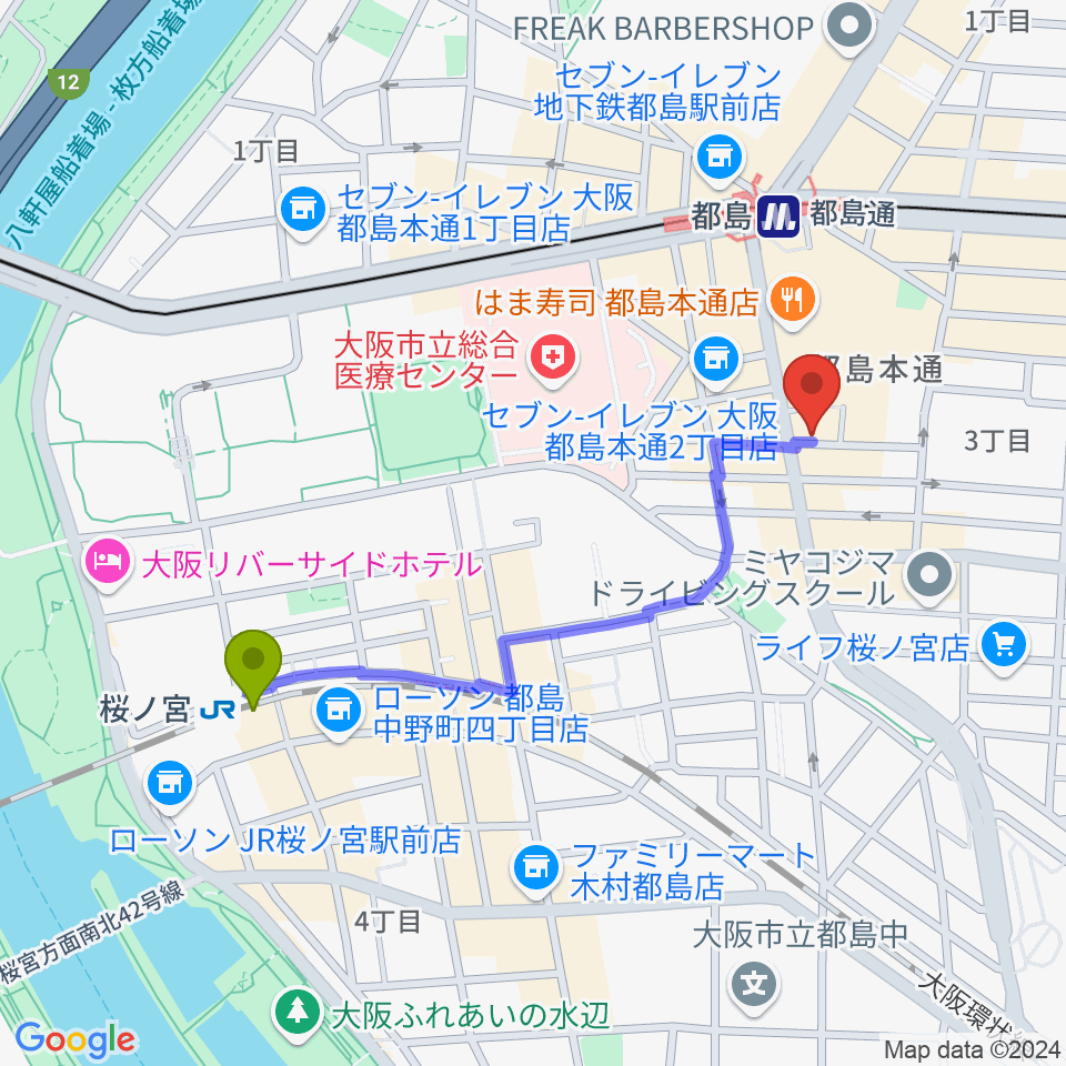 桜ノ宮駅から都島ピアノ教室へのルートマップ地図