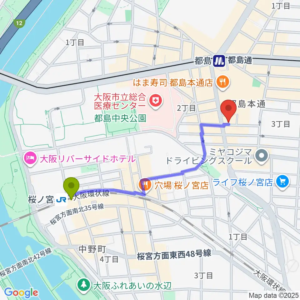 桜ノ宮駅から都島ピアノ教室へのルートマップ地図