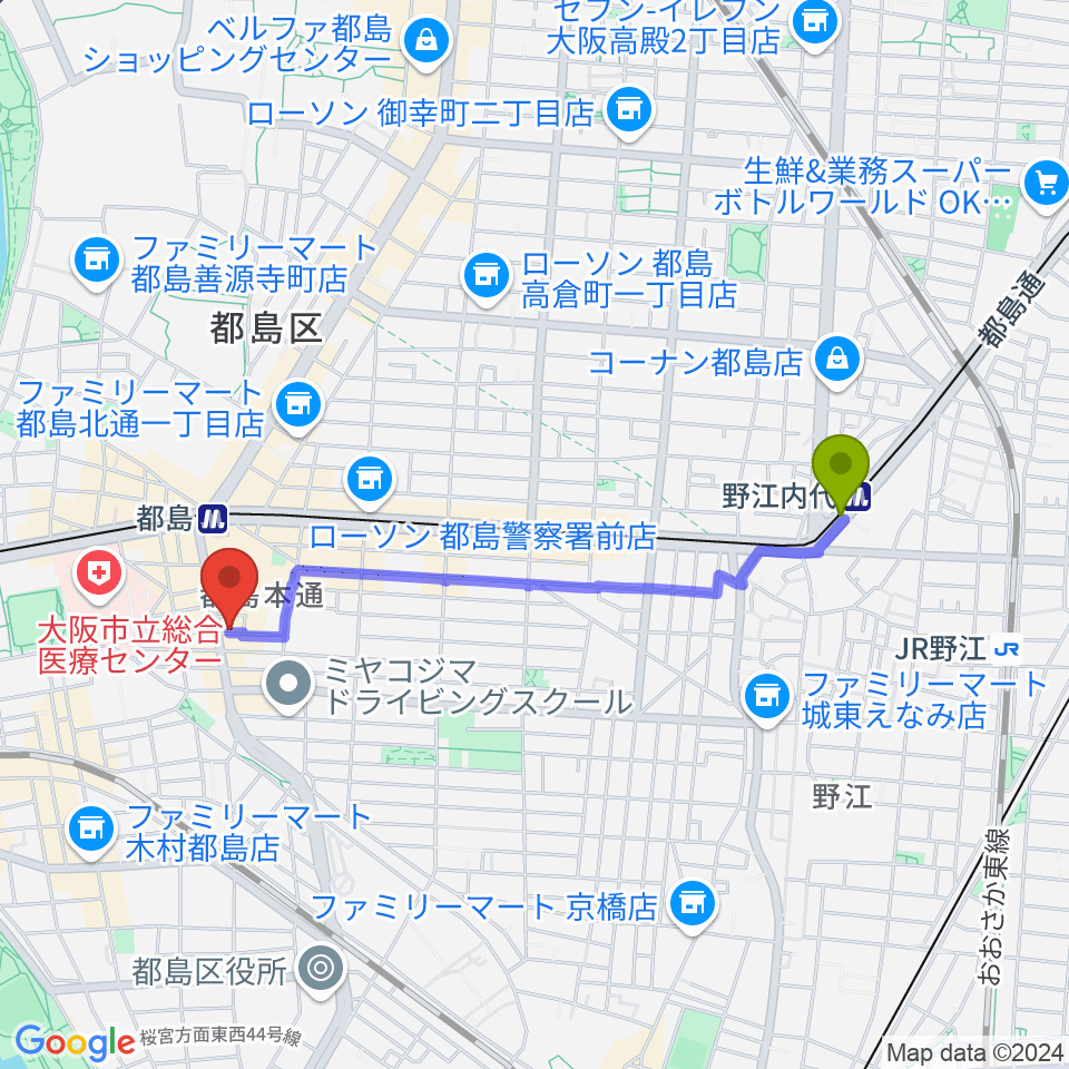 野江内代駅から都島ピアノ教室へのルートマップ地図