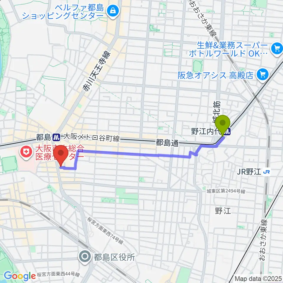 野江内代駅から都島ピアノ教室へのルートマップ地図