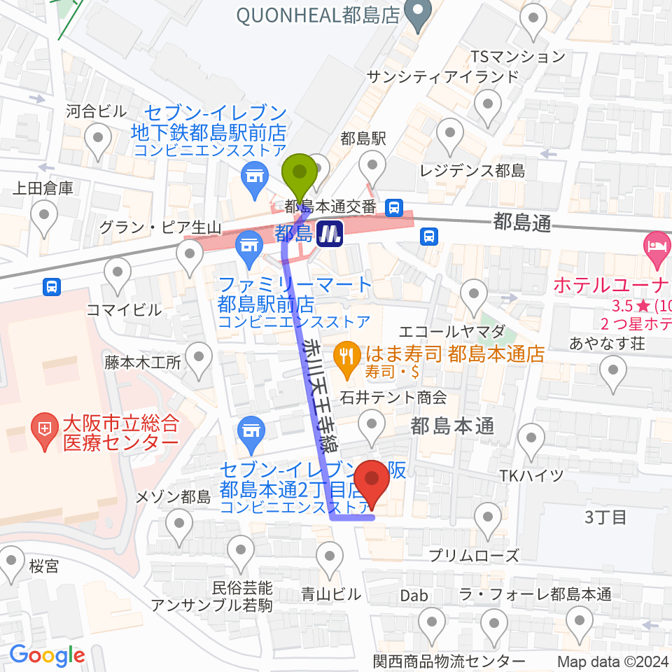 都島ピアノ教室の最寄駅都島駅からの徒歩ルート（約4分）地図