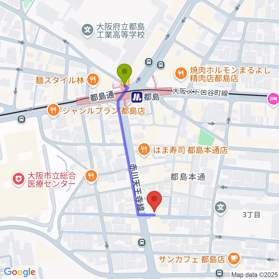 都島ピアノ教室の最寄駅都島駅からの徒歩ルート（約4分）地図