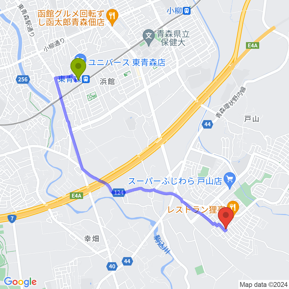 今井ピアノ教室の最寄駅東青森駅からの徒歩ルート（約42分）地図