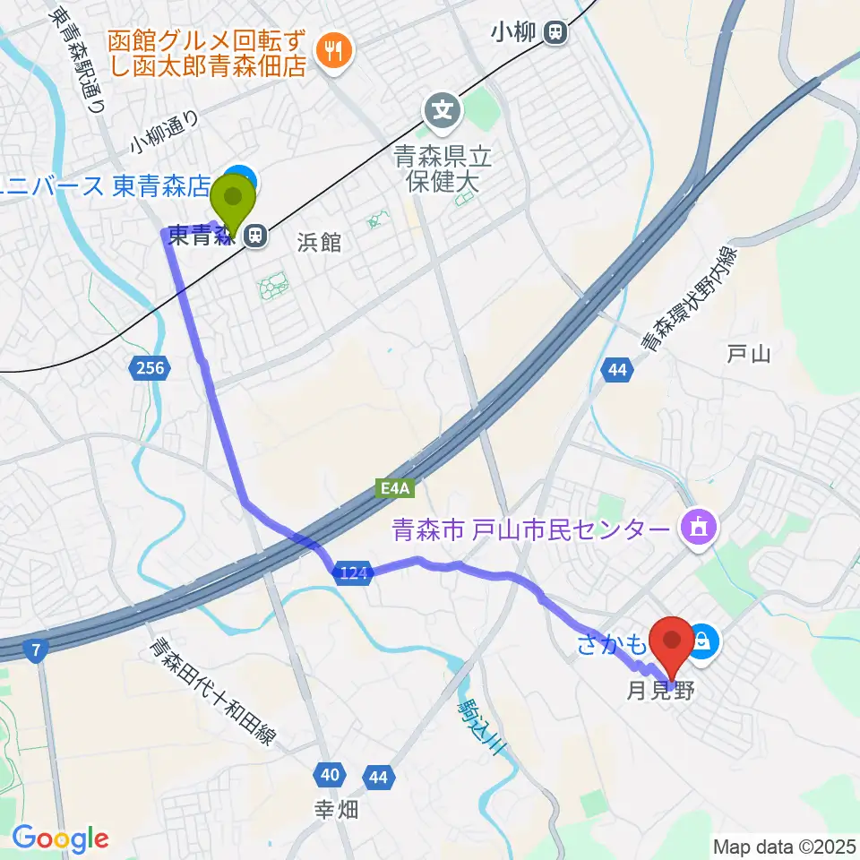 今井ピアノ教室の最寄駅東青森駅からの徒歩ルート（約42分）地図