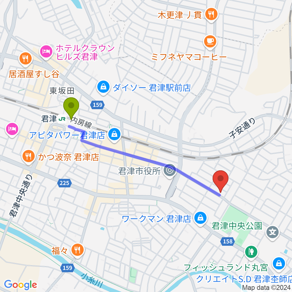 音楽教室ピアチェーレの最寄駅君津駅からの徒歩ルート（約18分）地図