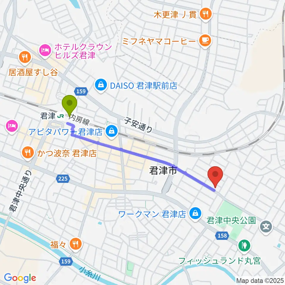 音楽教室ピアチェーレの最寄駅君津駅からの徒歩ルート（約18分）地図