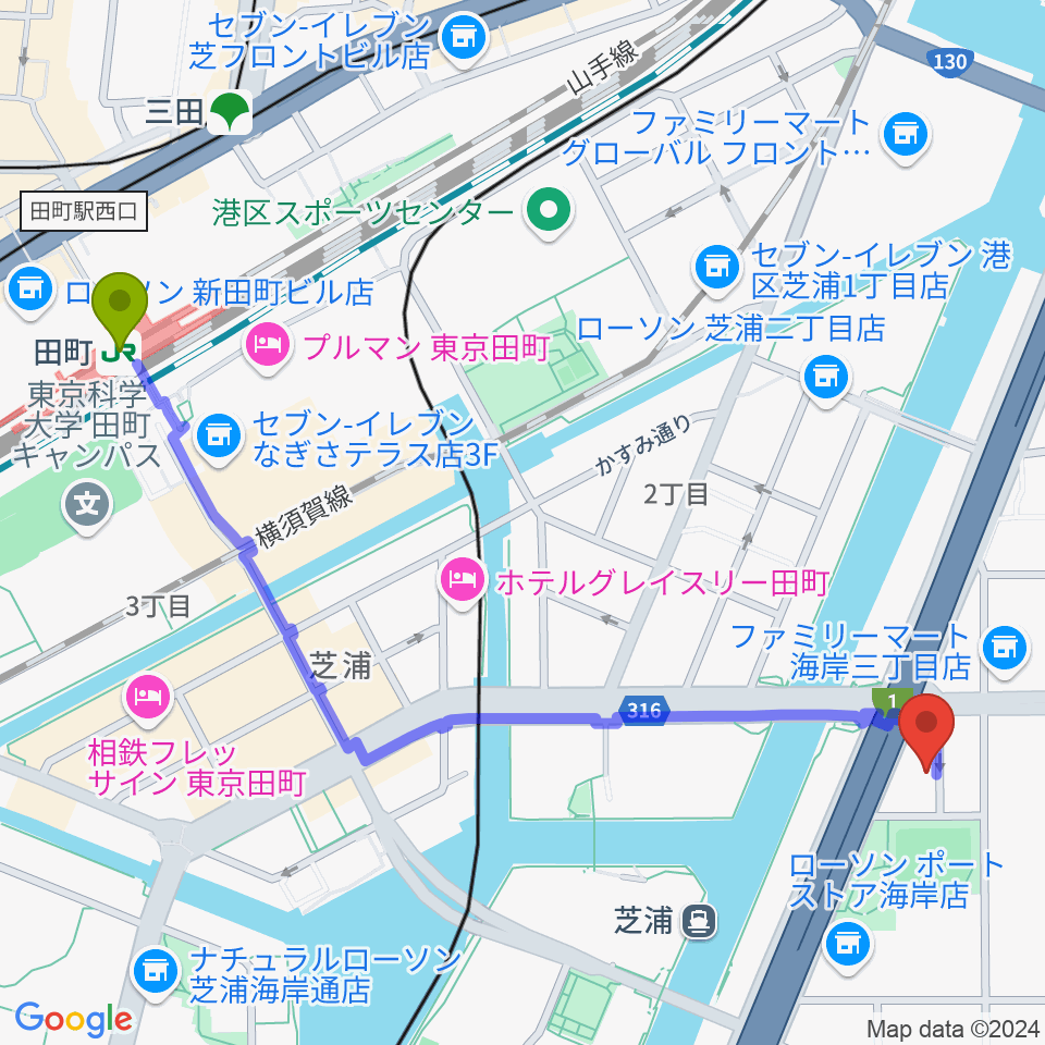 田町駅からピアノ運送株式会社へのルートマップ地図