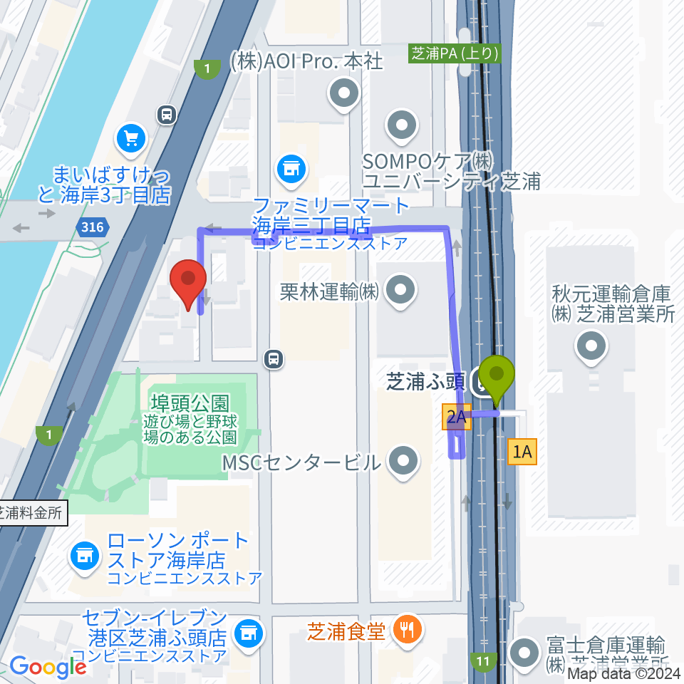 ピアノ運送株式会社の最寄駅芝浦ふ頭駅からの徒歩ルート（約4分）地図