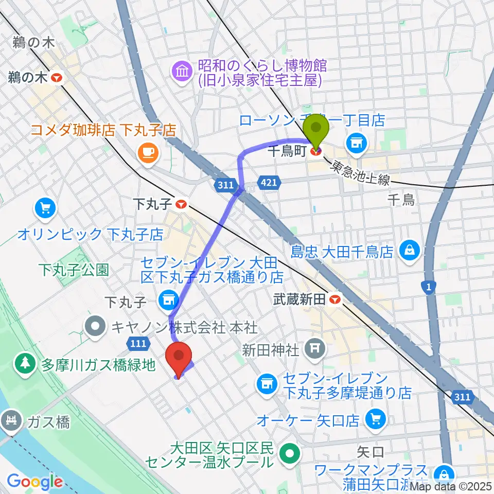 千鳥町駅からピアノ教室アンダンティーノへのルートマップ地図
