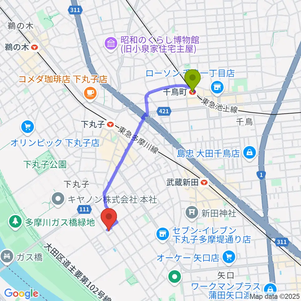 千鳥町駅からピアノ教室アンダンティーノへのルートマップ地図