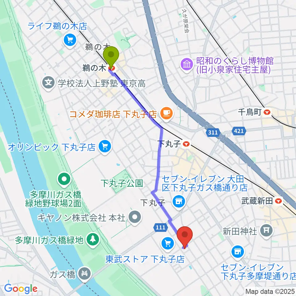 鵜の木駅からピアノ教室アンダンティーノへのルートマップ地図