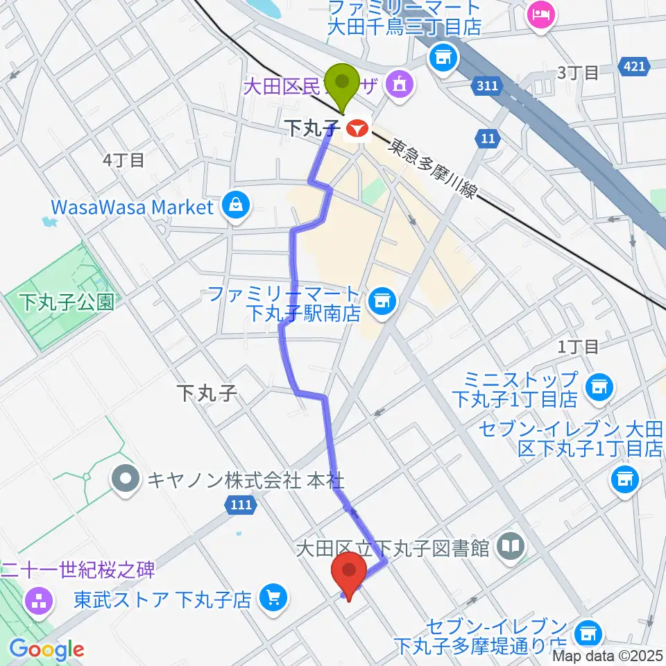 下丸子駅からピアノ教室アンダンティーノへのルートマップ地図