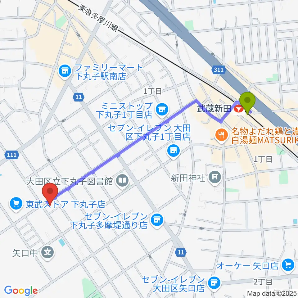 ピアノ教室アンダンティーノの最寄駅武蔵新田駅からの徒歩ルート（約11分）地図