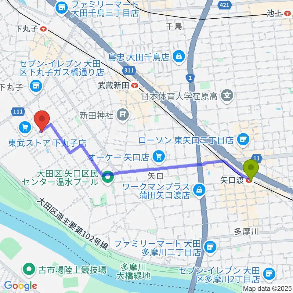 矢口渡駅からピアノ教室アンダンティーノへのルートマップ地図