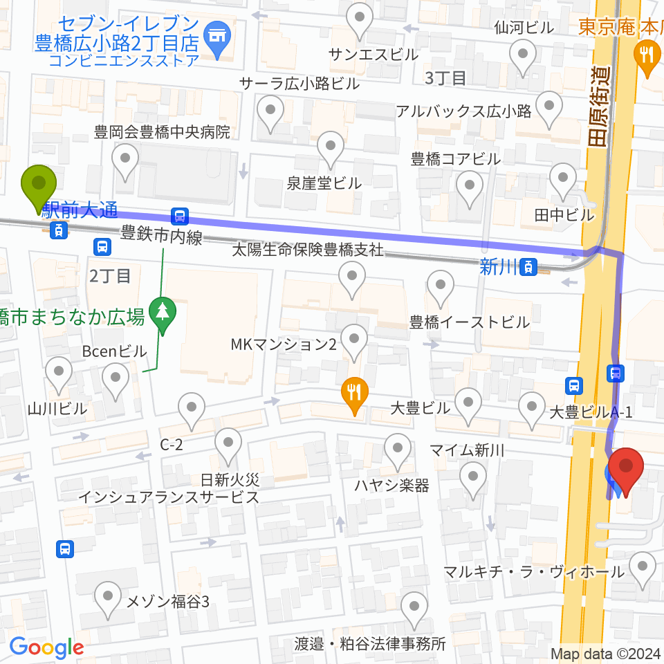 駅前大通駅からオリエント楽器 豊橋店へのルートマップ地図