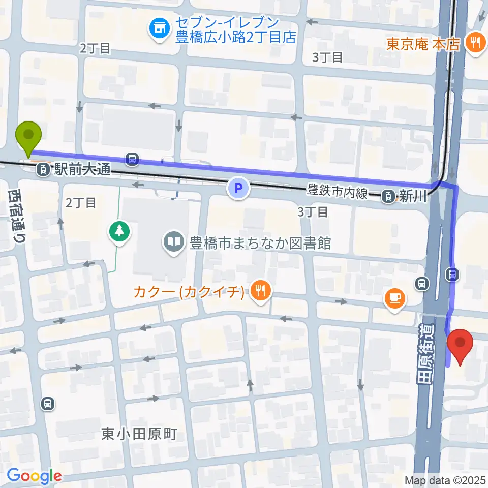 駅前大通駅からオリエント楽器 豊橋店へのルートマップ地図