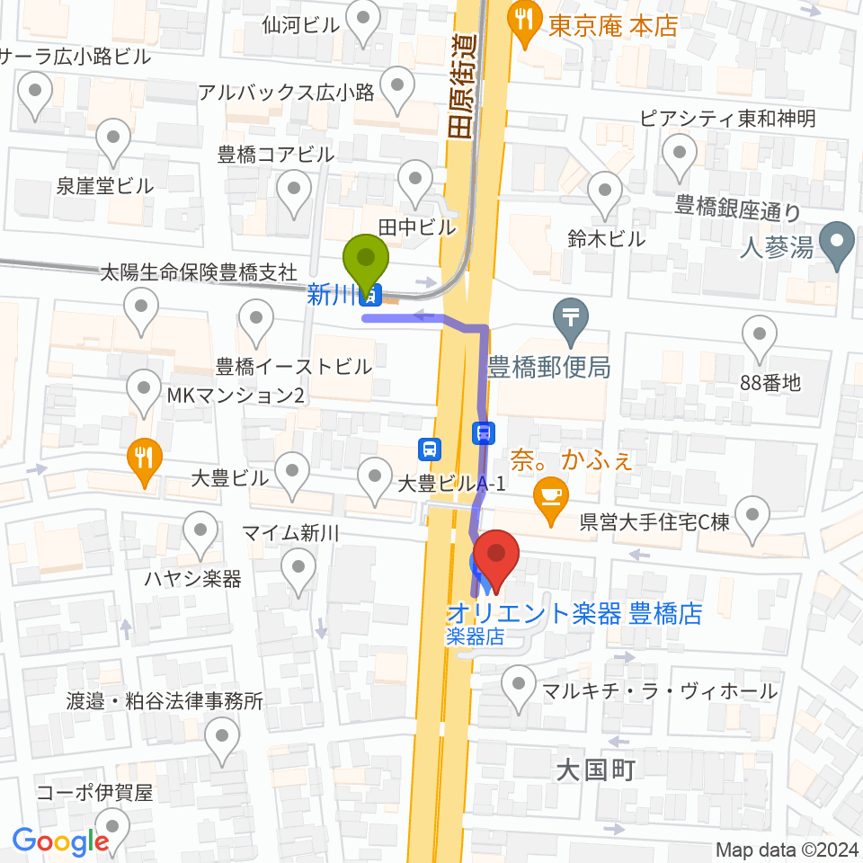 オリエント楽器 豊橋店の最寄駅新川駅からの徒歩ルート（約3分）地図