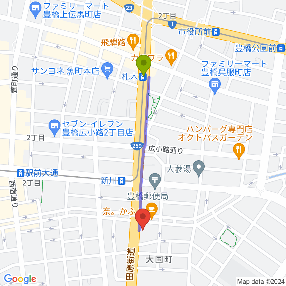 札木駅からオリエント楽器 豊橋店へのルートマップ地図