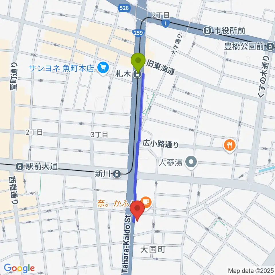 札木駅からオリエント楽器 豊橋店へのルートマップ地図