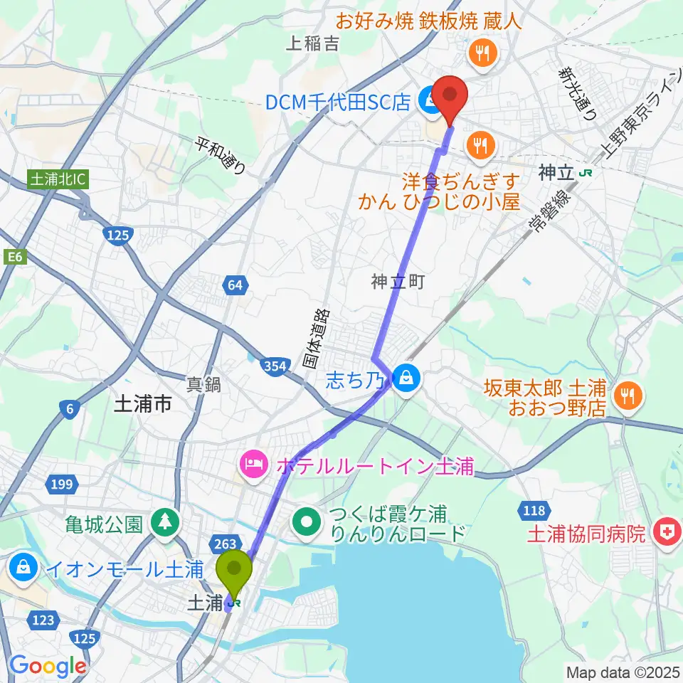 土浦駅からかすみがうらセンター ヤマハミュージックへのルートマップ地図