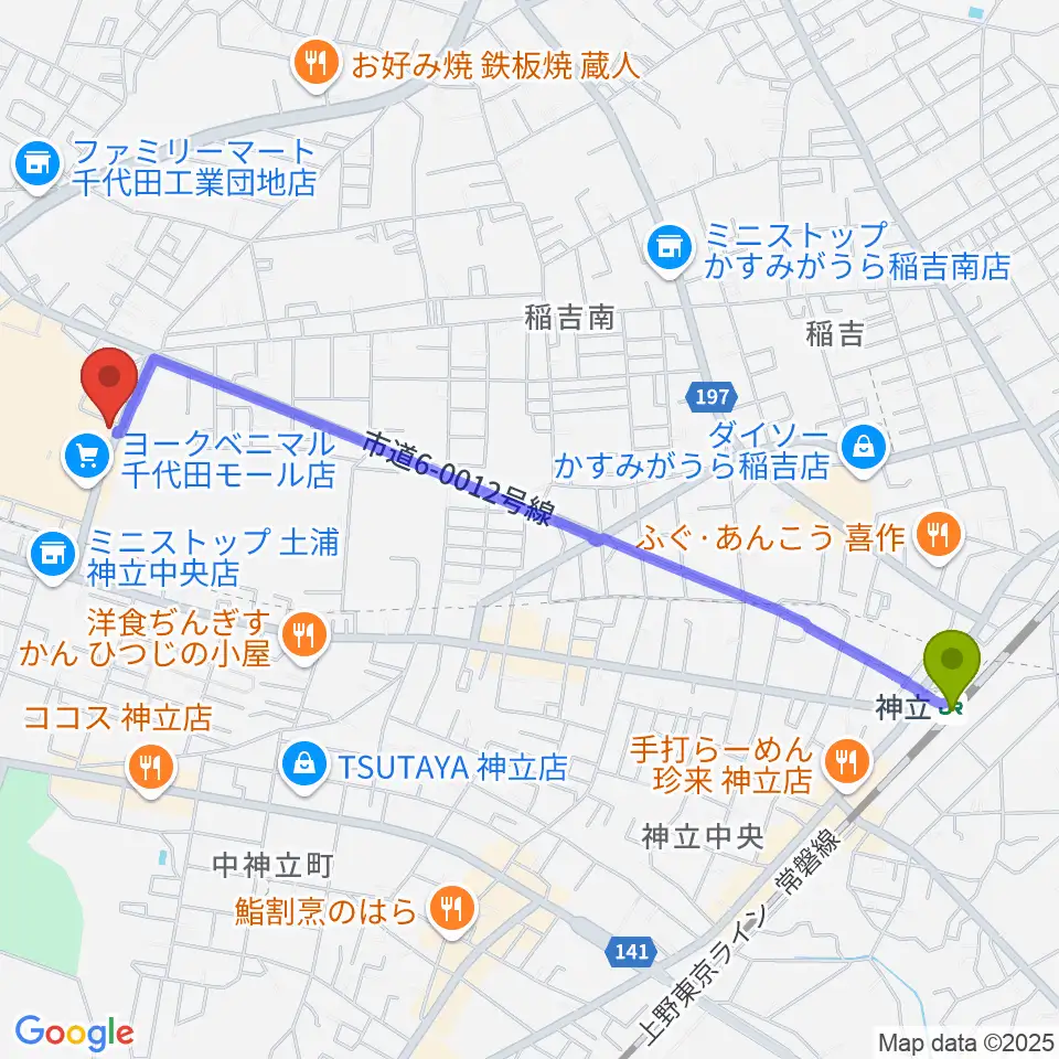 かすみがうらセンター ヤマハミュージックの最寄駅神立駅からの徒歩ルート（約26分）地図