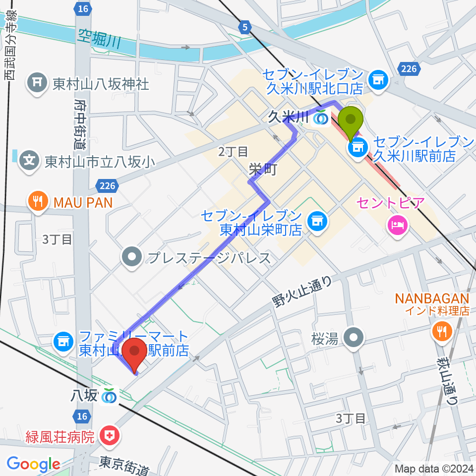 久米川駅からあも音楽院へのルートマップ地図