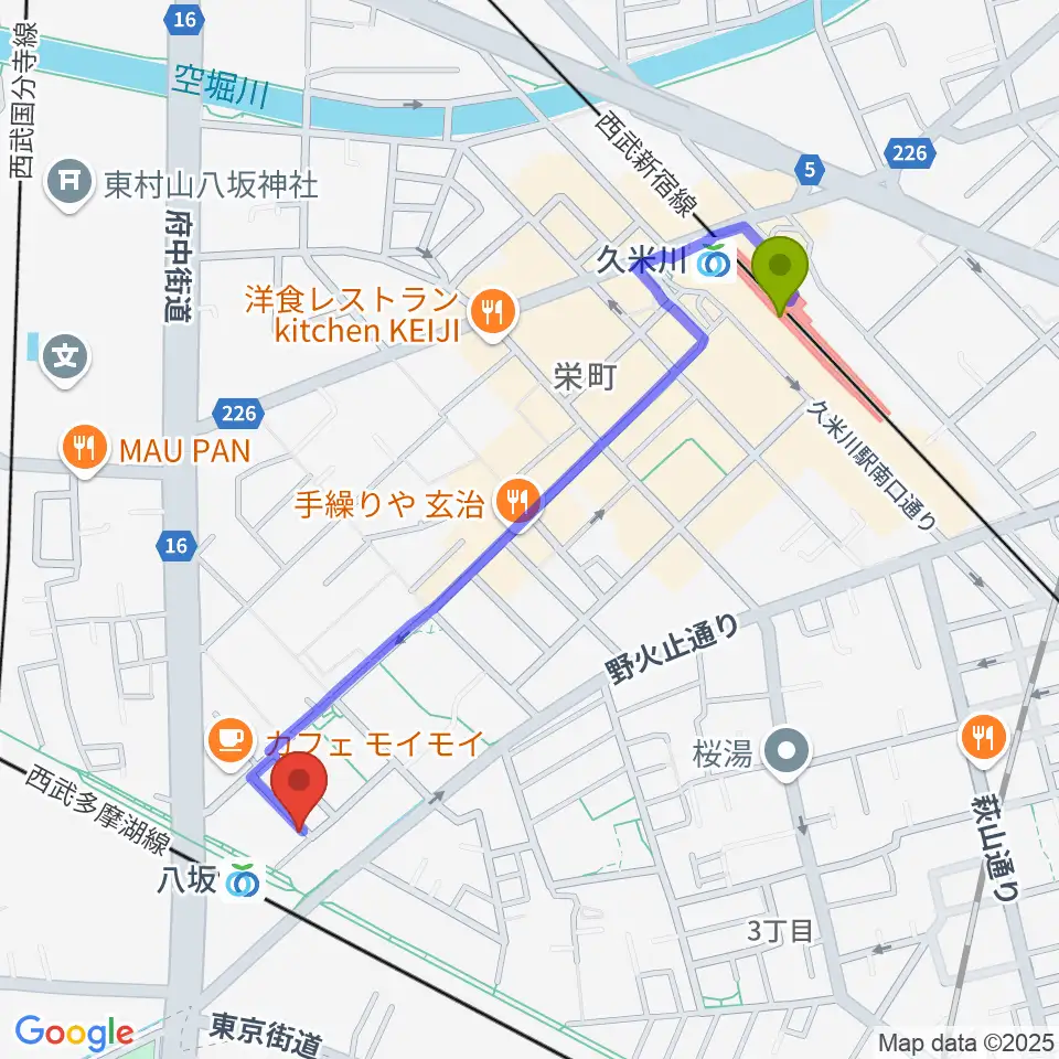 久米川駅からあも音楽院へのルートマップ地図