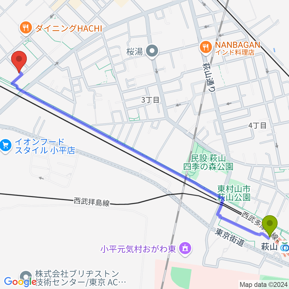 萩山駅からあも音楽院へのルートマップ地図