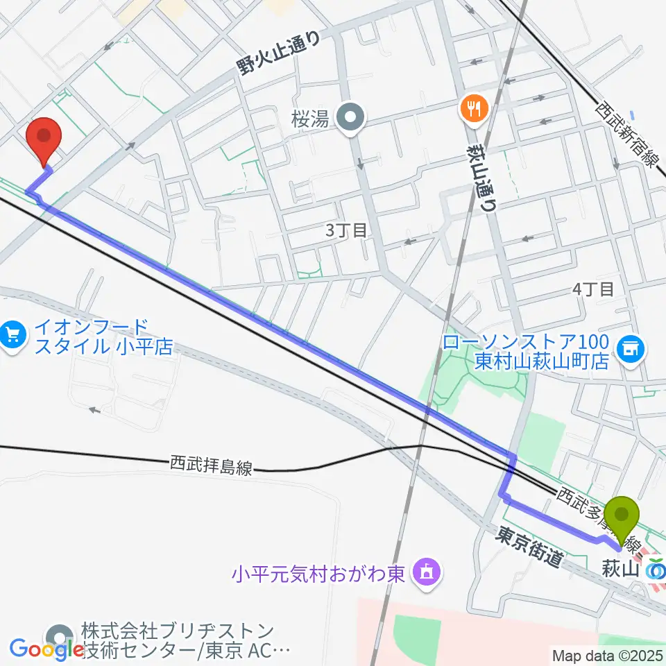 萩山駅からあも音楽院へのルートマップ地図