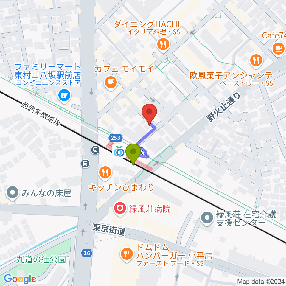 あも音楽院の最寄駅八坂駅からの徒歩ルート（約1分）地図