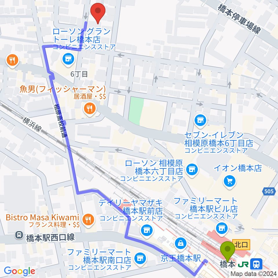 Piacere Music School 橋本教室の最寄駅橋本駅からの徒歩ルート（約8分）地図