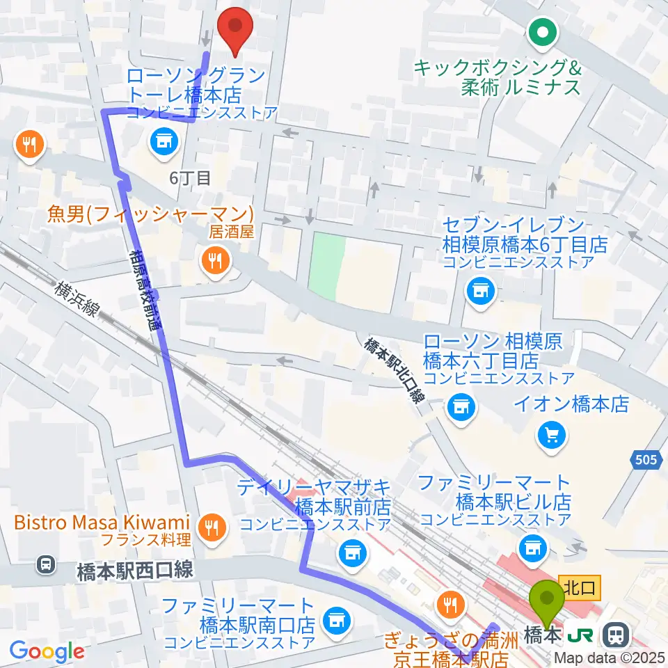 Piacere Music School 橋本教室の最寄駅橋本駅からの徒歩ルート（約8分）地図