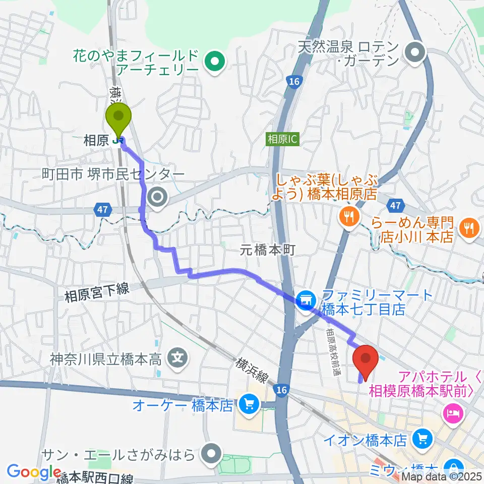 相原駅からPiacere Music School 橋本教室へのルートマップ地図