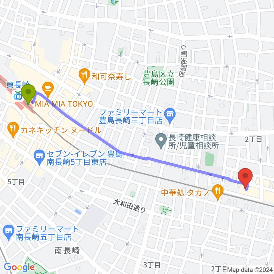 東長崎駅からバッハはうすへのルートマップ地図