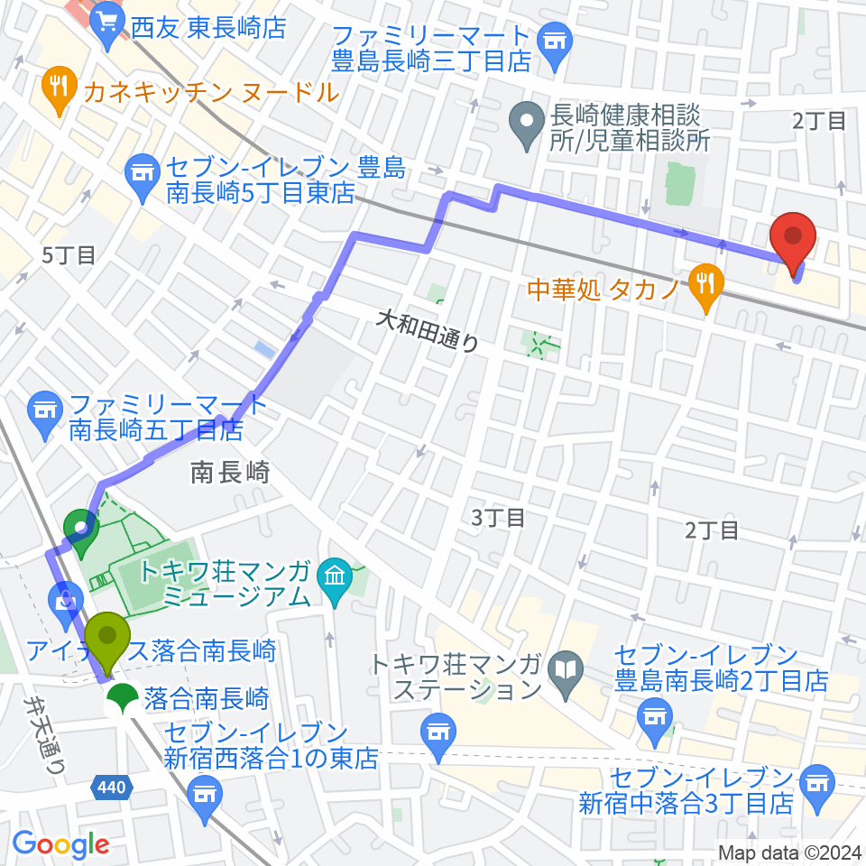 落合南長崎駅からバッハはうすへのルートマップ地図