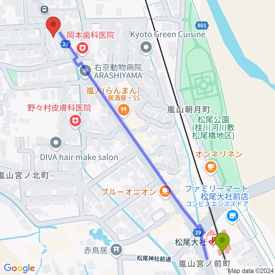 嵐山おんがく教室の最寄駅松尾大社駅からの徒歩ルート（約8分）地図