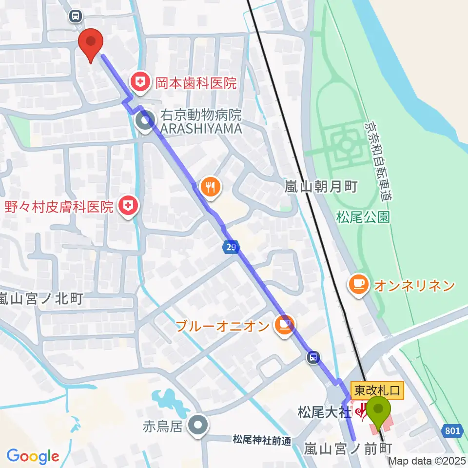 嵐山おんがく教室の最寄駅松尾大社駅からの徒歩ルート（約8分）地図