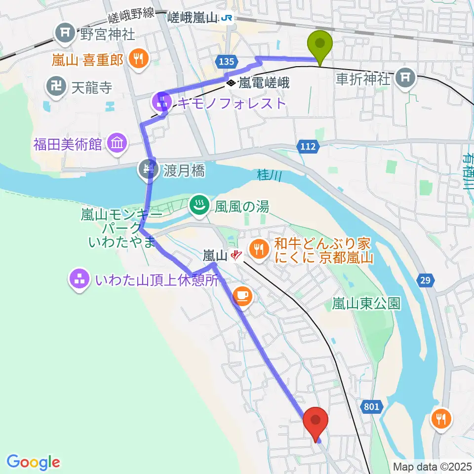 鹿王院駅から嵐山おんがく教室へのルートマップ地図