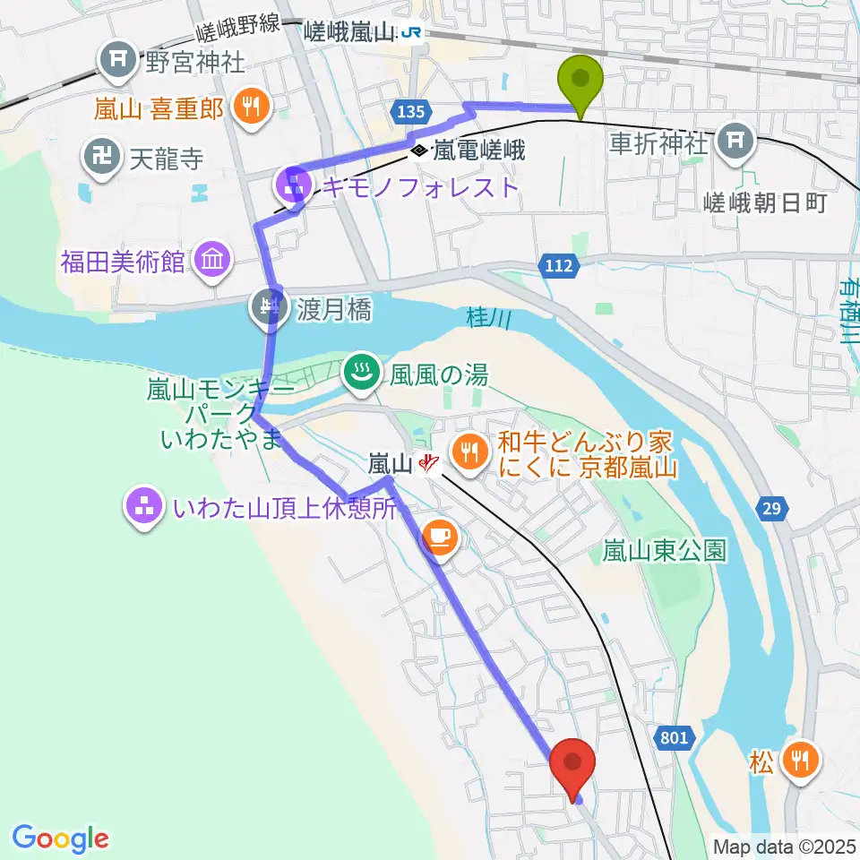 鹿王院駅から嵐山おんがく教室へのルートマップ地図