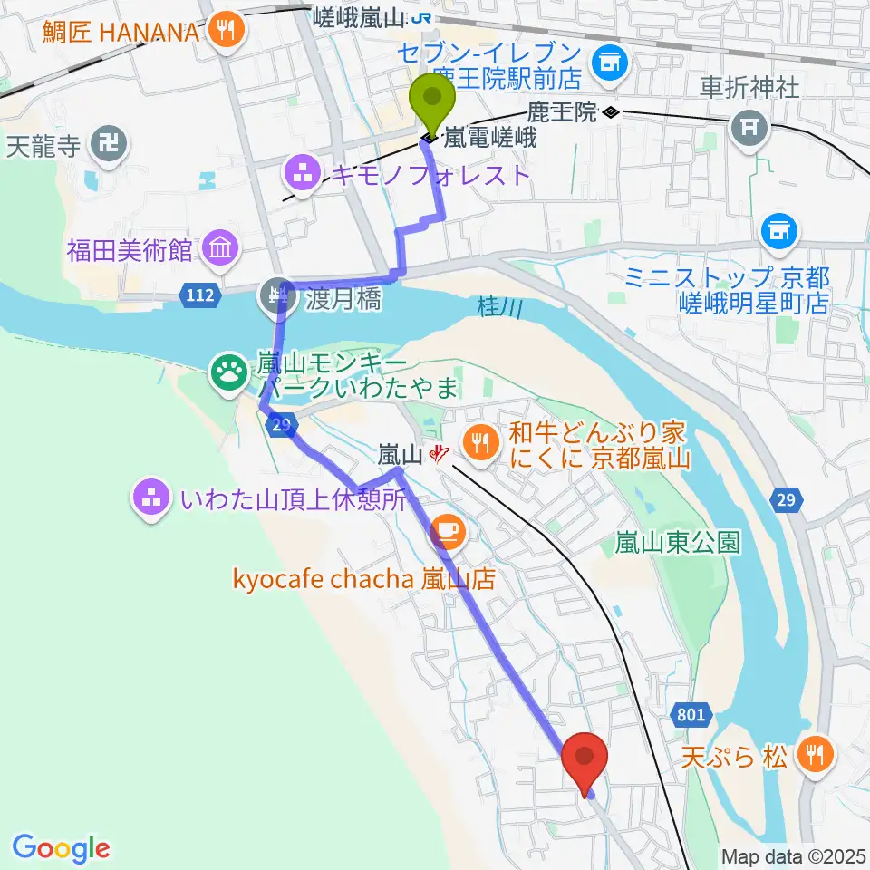 嵐電嵯峨駅から嵐山おんがく教室へのルートマップ地図