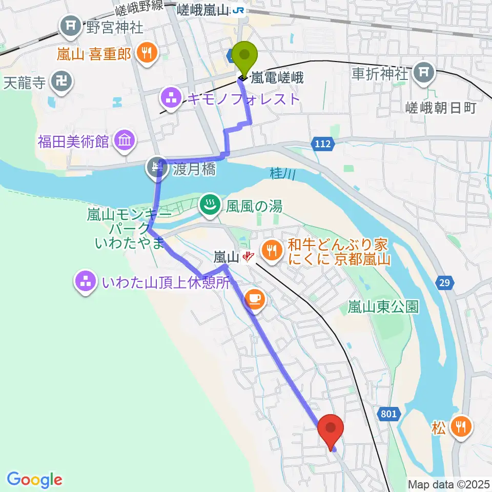 嵐電嵯峨駅から嵐山おんがく教室へのルートマップ地図