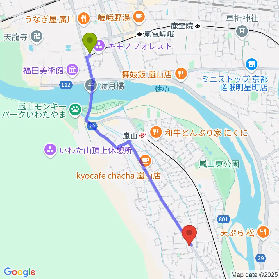 嵐山駅から嵐山おんがく教室へのルートマップ地図