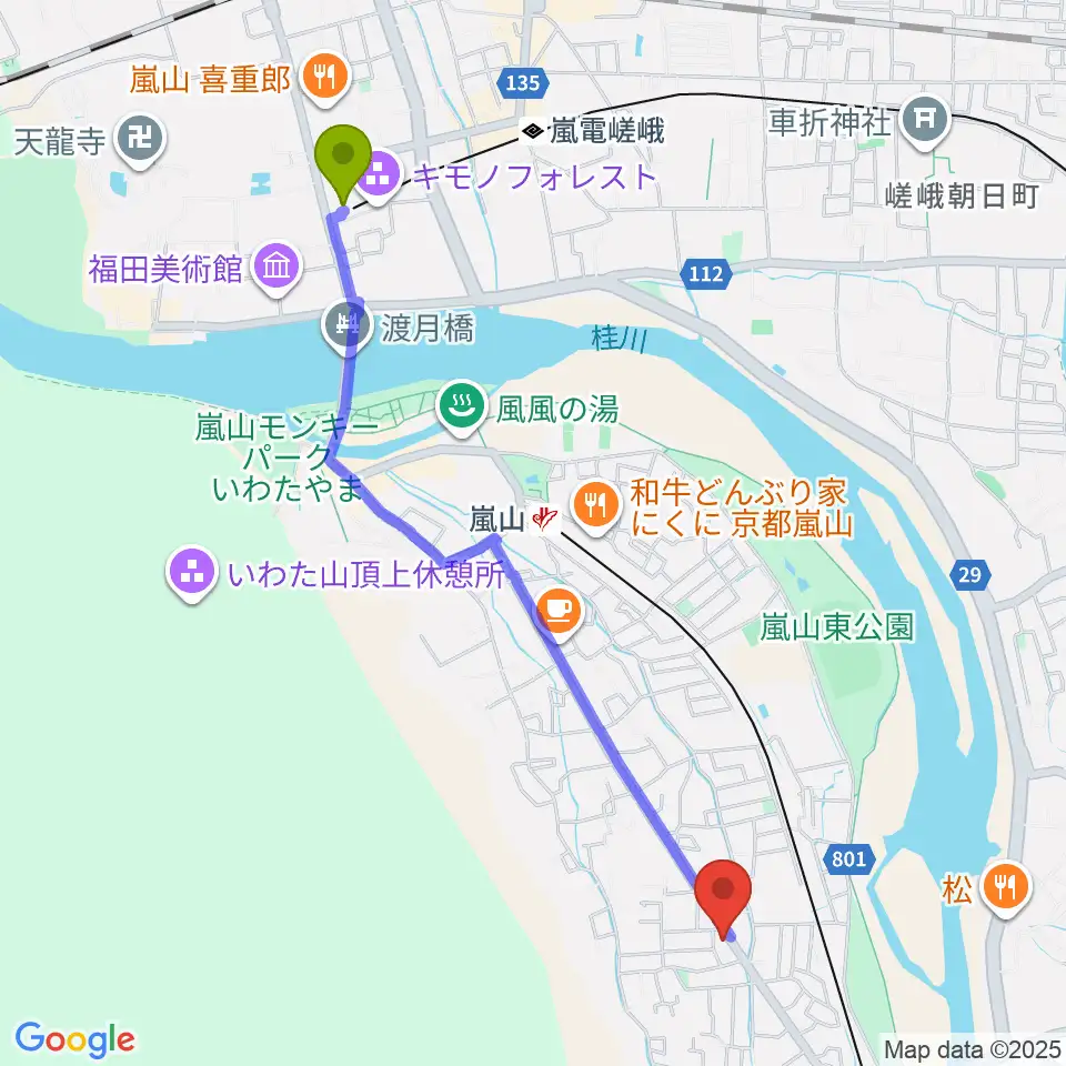 嵐山駅から嵐山おんがく教室へのルートマップ地図