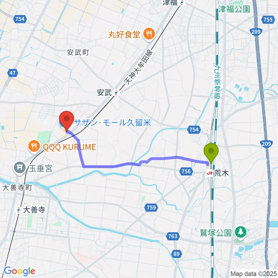 荒木駅からちあき音楽教室 久留米教室へのルートマップ地図