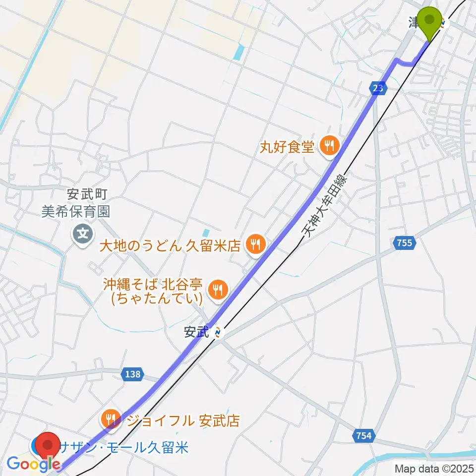 津福駅からちあき音楽教室 久留米教室へのルートマップ地図