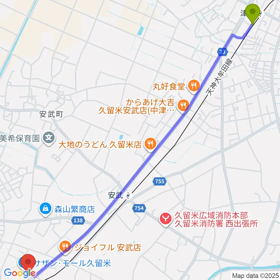 津福駅からちあき音楽教室 久留米教室へのルートマップ地図