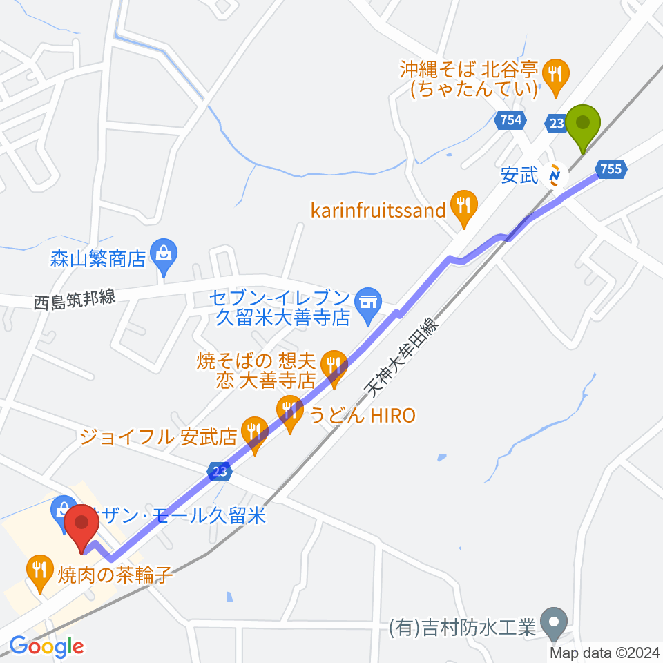 ちあき音楽教室 久留米教室の最寄駅安武駅からの徒歩ルート（約15分）地図