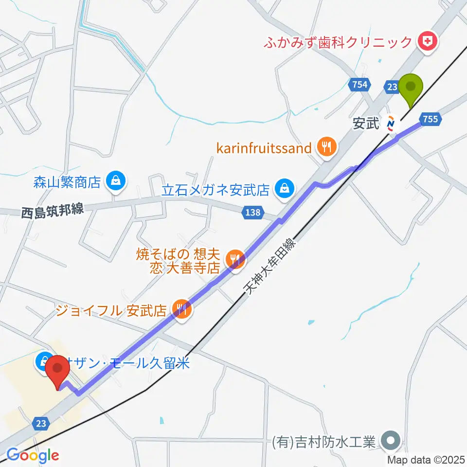 ちあき音楽教室 久留米教室の最寄駅安武駅からの徒歩ルート（約15分）地図