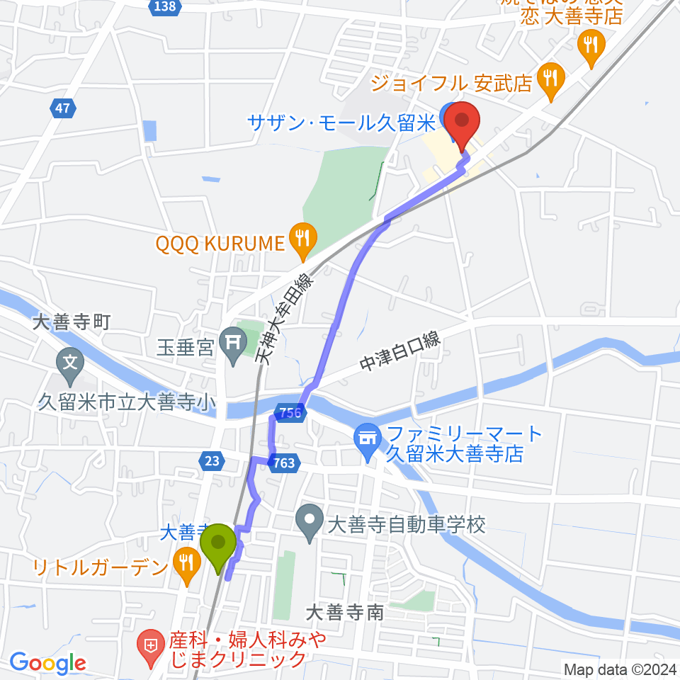 大善寺駅からちあき音楽教室 久留米教室へのルートマップ地図